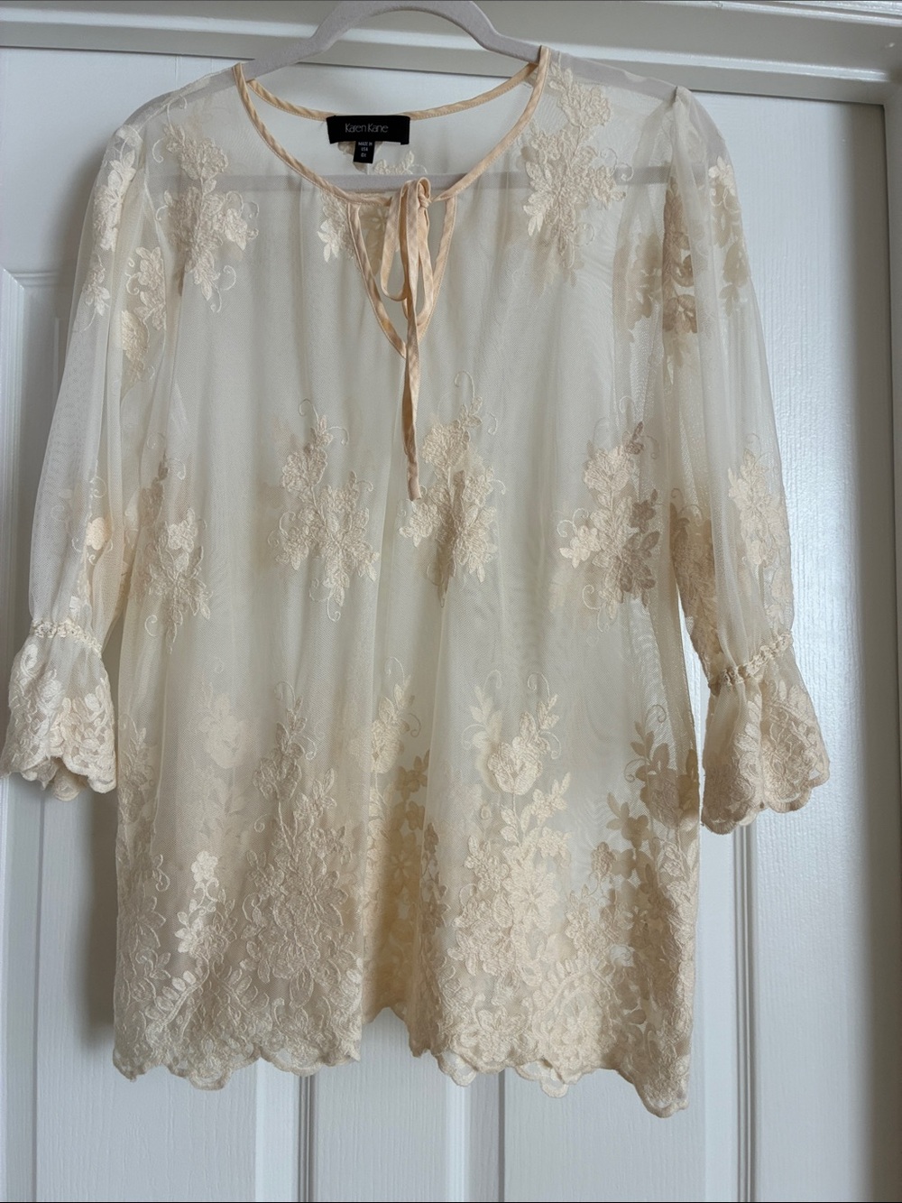 Whimsical Cream Lace Blouse Romantic Feminine Tie Front 3/4 sleeve Size 0X - Picture 3 of 8